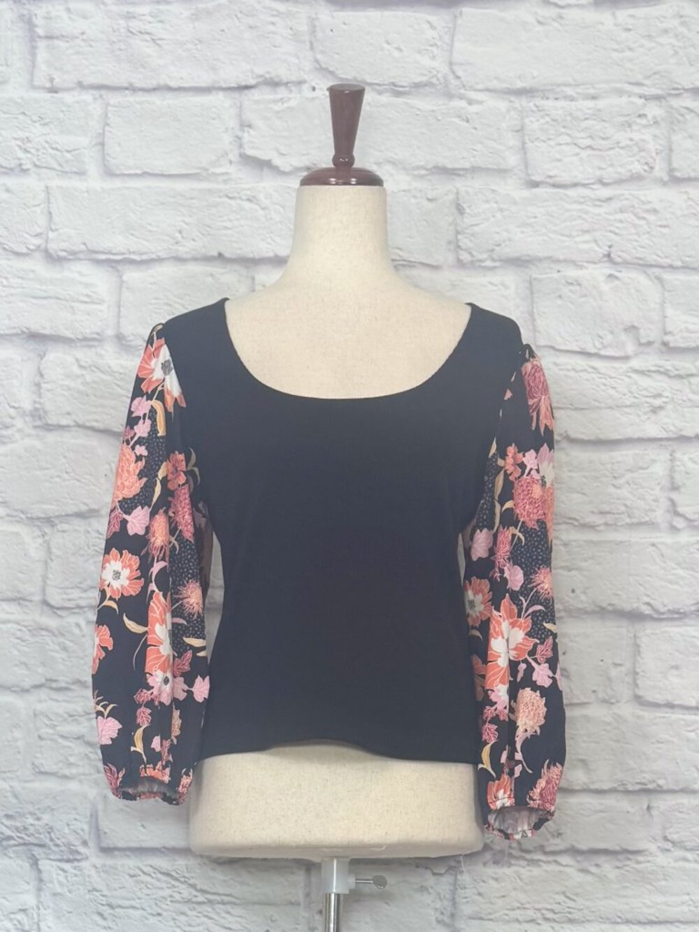 Anthropologie Dolan Left Coast Collection Black Ribbed Floral Long Sleeve Top